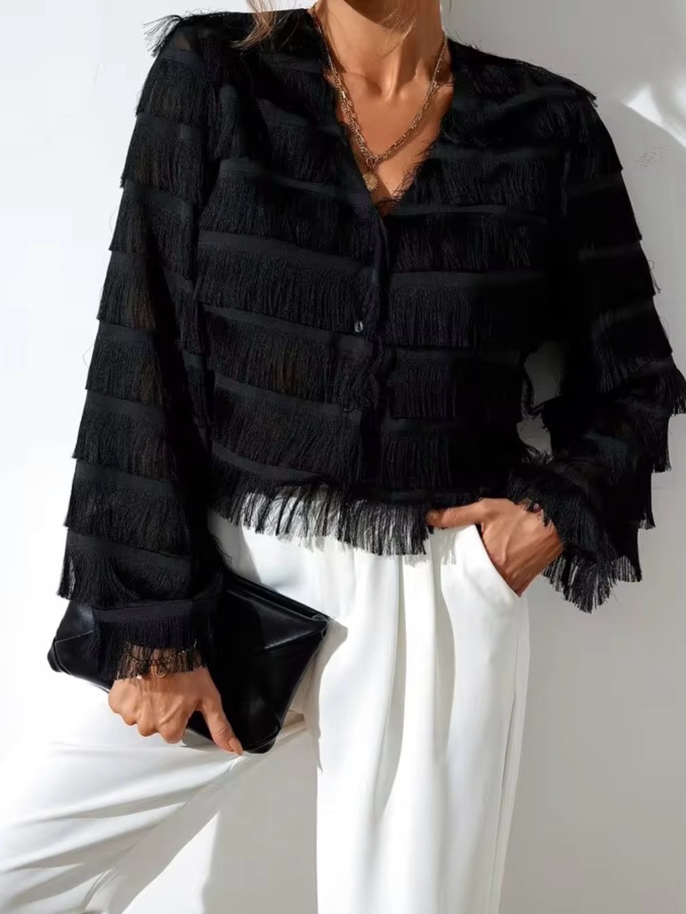 Black Fringe Sheer Button-Up Blouse - Elegant Women's Top sz Sm Holiday top - Picture 3 of 14